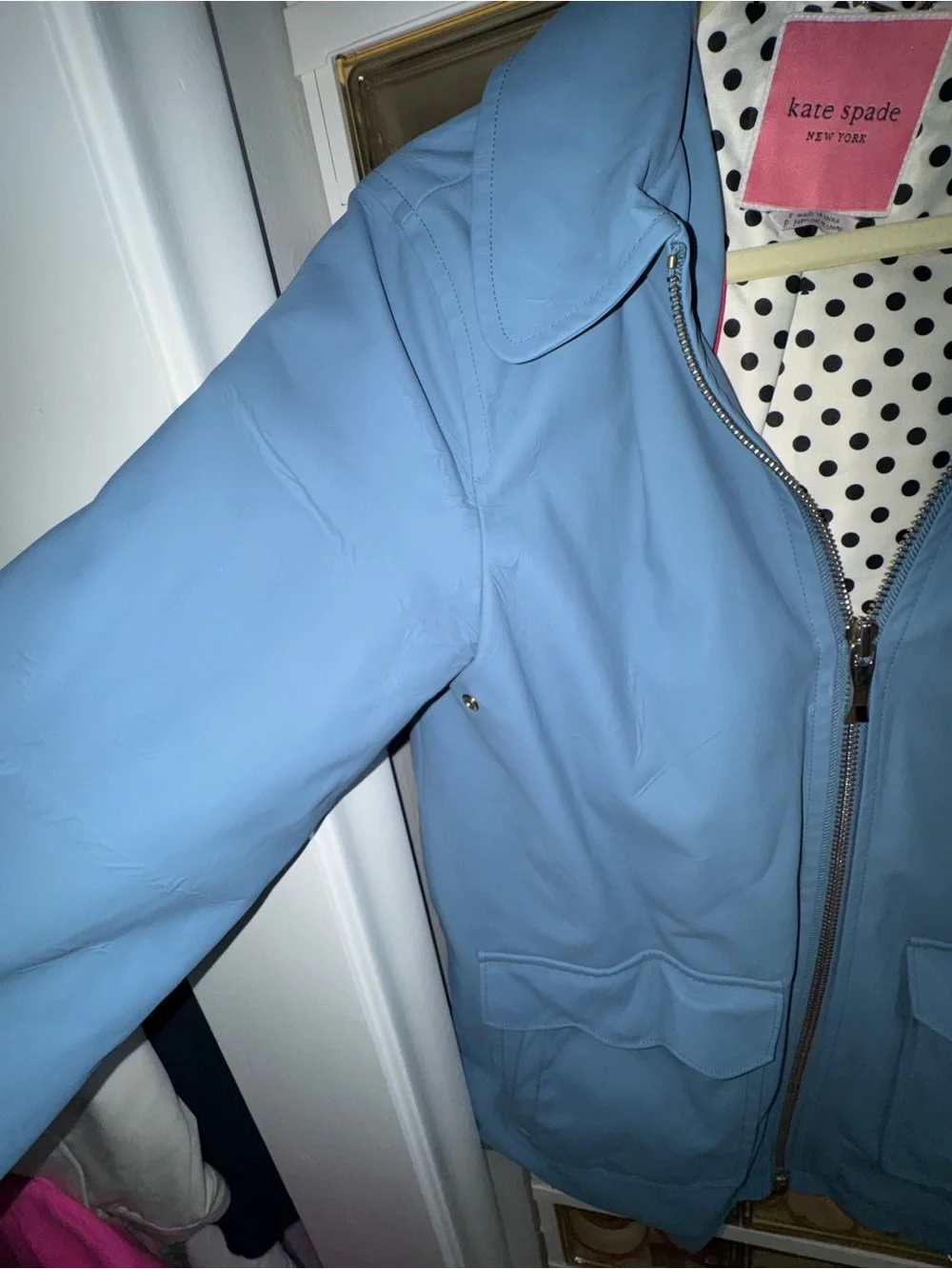 kate spade Light Blue Zip-Front Trench Rain Jacket with Polka Dot Lining